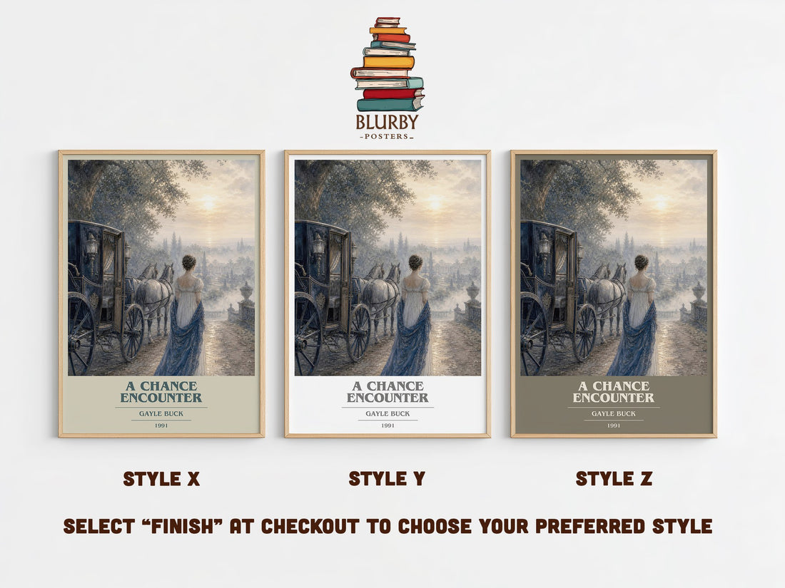 A Chance Encounter book cover print in frame leaning in hallway – romance wall art (mockup)