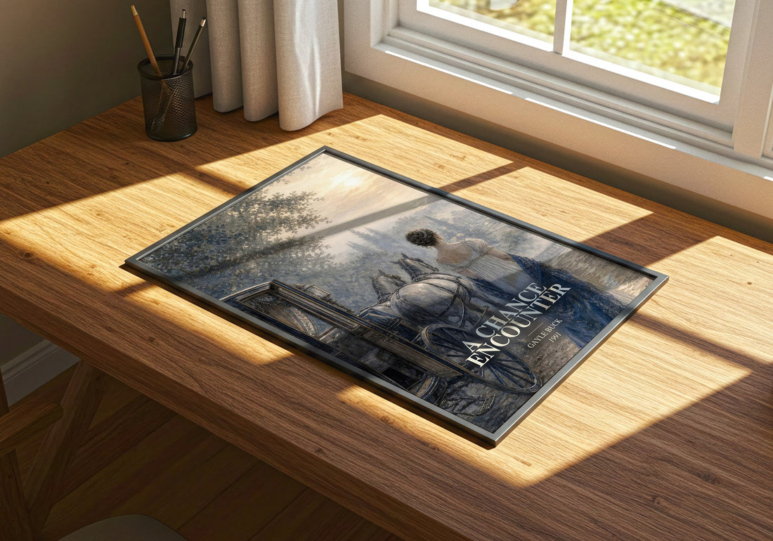 A Chance Encounter watercolour book poster framed on wall – romance wall art