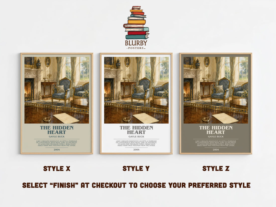 The Hidden Heart bookish print in frame leaning in hallway – romance wall art (mockup)