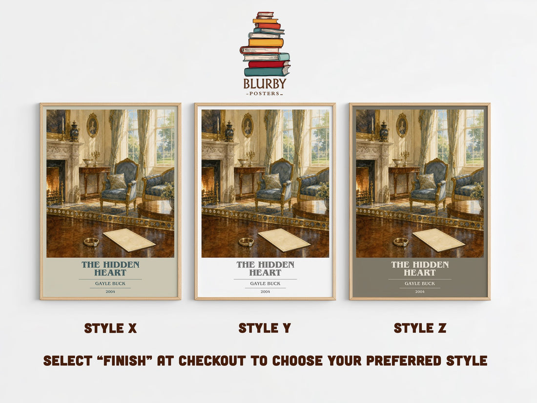 The Hidden Heart book cover print in frame leaning in hallway – romance wall art (mockup)