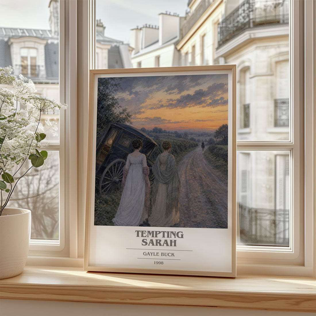Tempting Sarah Book Cover Poster by Gayle Buck – framed print by a bright window