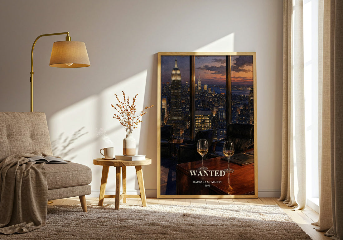 Wanted watercolour print in frame leaning in hallway – romance wall art