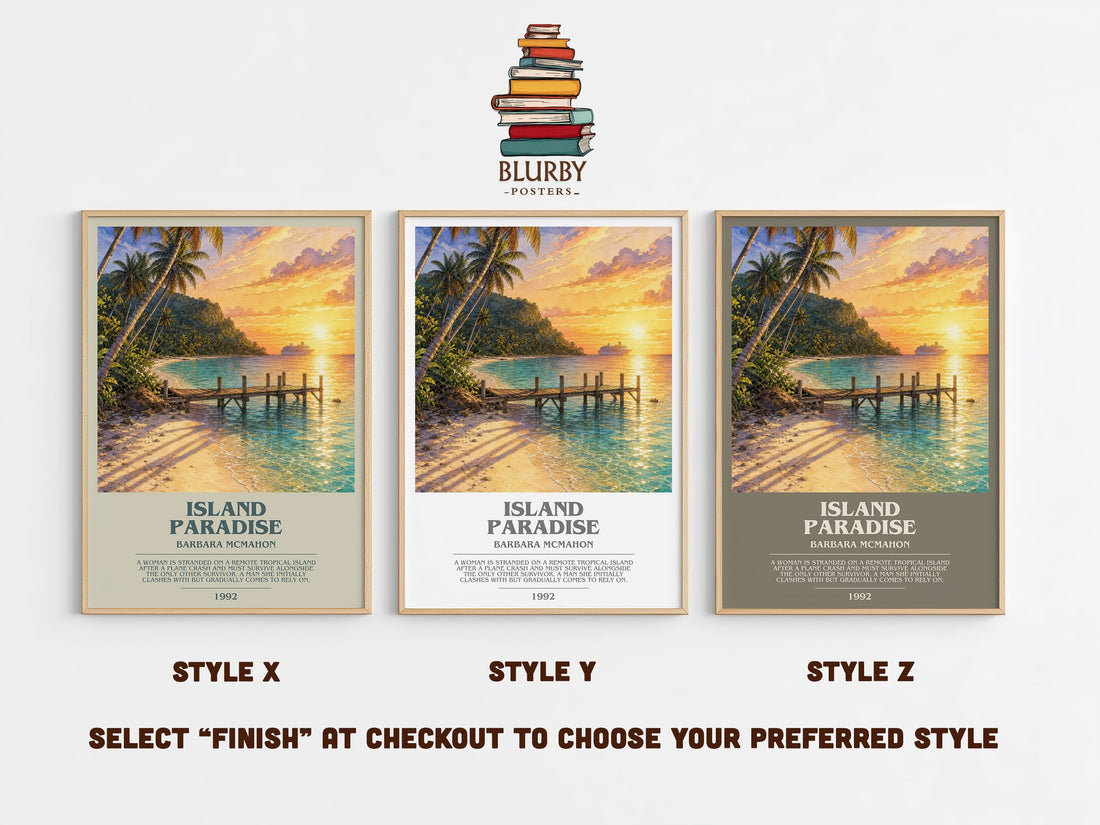 Island Paradise bookish print in frame leaning in hallway – romance wall art (mockup)