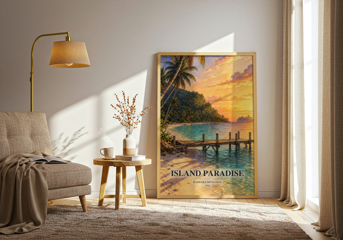 Island Paradise watercolour print in frame leaning in hallway – romance wall art