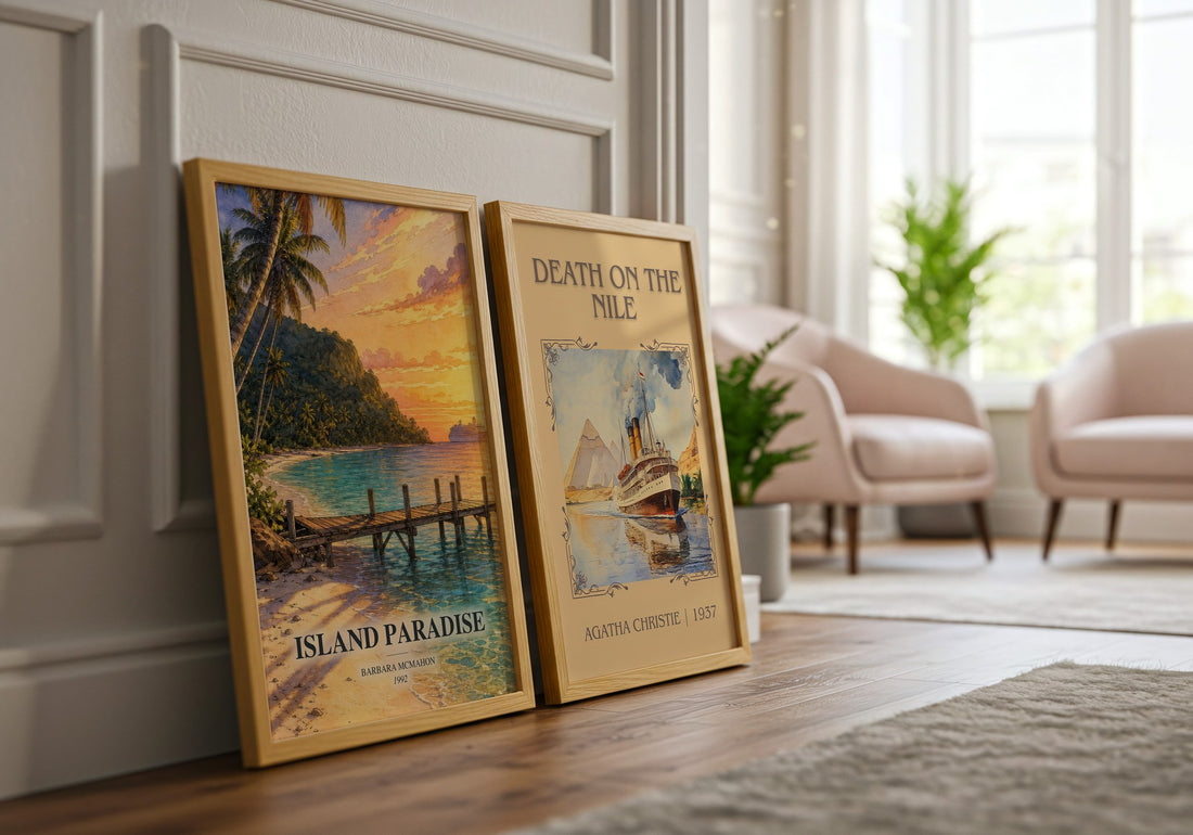 Island Paradise watercolour print framed by window – literary home decor