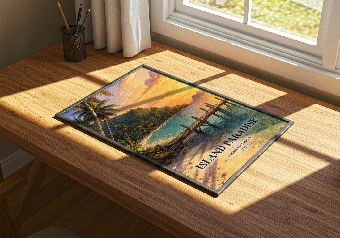 Island Paradise watercolour book poster framed on wall – romance wall art