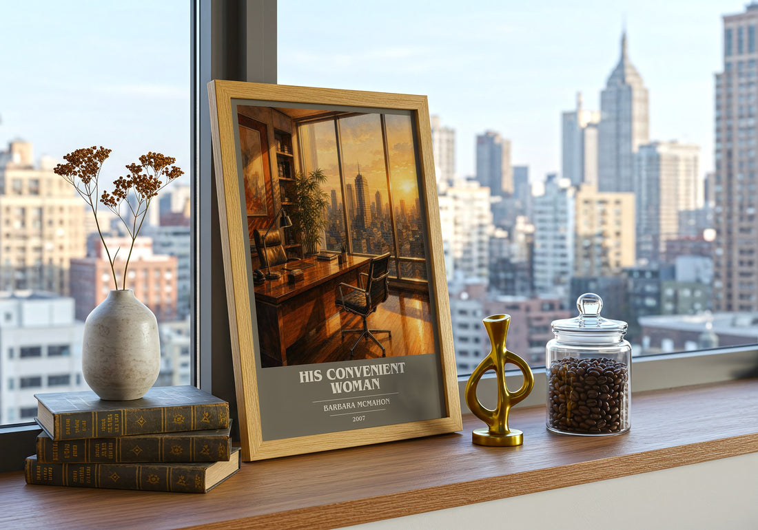 His Convenient Woman book cover print framed by window – literary home decor