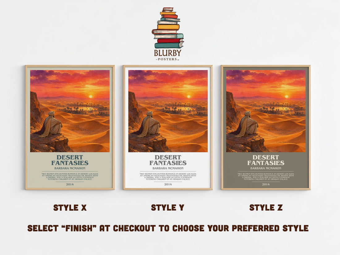 Desert Fantasies bookish print in frame leaning in hallway – romance wall art (mockup)