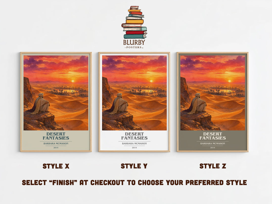 Desert Fantasies book cover print in frame leaning in hallway – romance wall art (mockup)