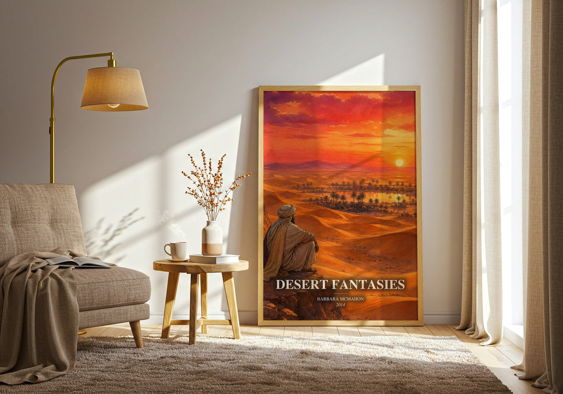 Desert Fantasies watercolour print in frame leaning in hallway – romance wall art