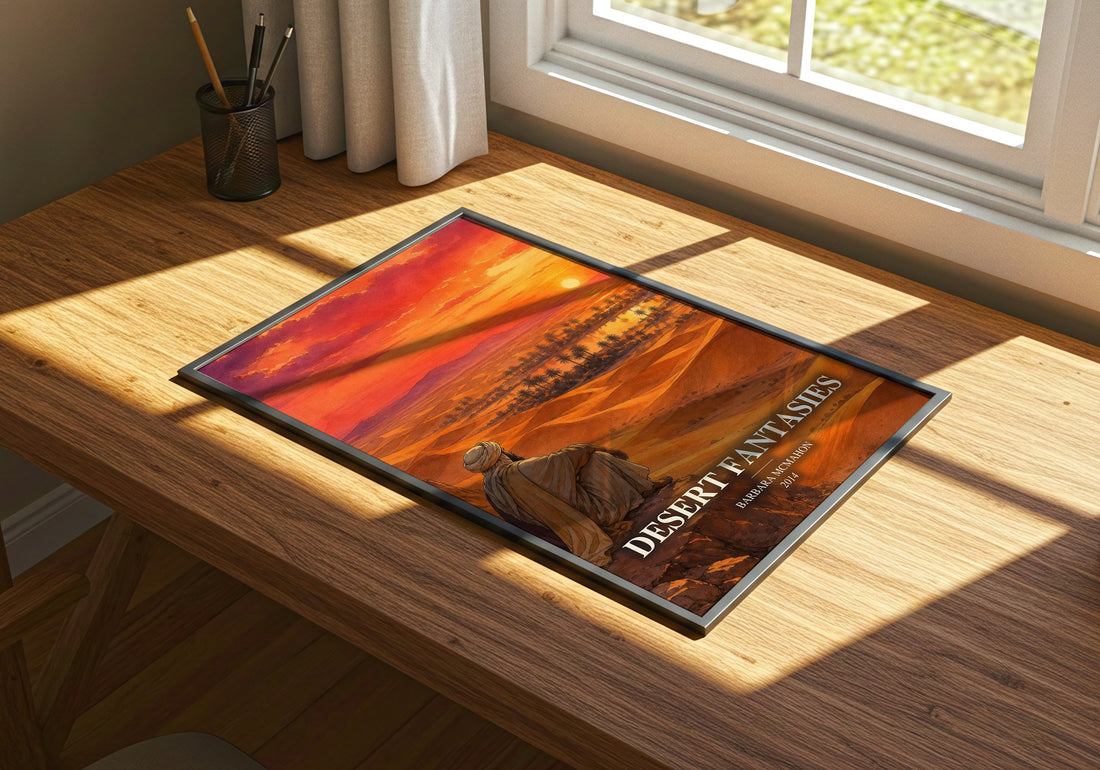 Desert Fantasies watercolour book poster framed on wall – romance wall art