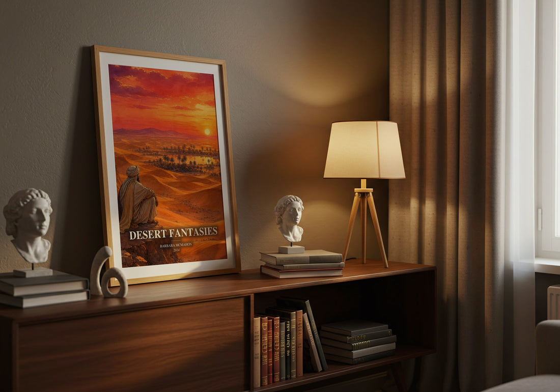 Desert Fantasies watercolour print on bookshelf – Barbara McMahon fan gift