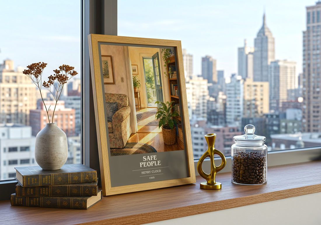 Safe People book cover print framed by window – literary home decor