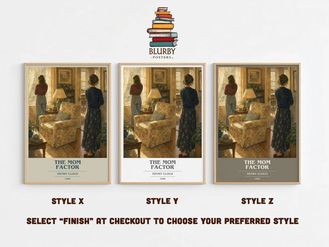 The Mom Factor book cover print in frame leaning in hallway – non fiction wall art (mockup)