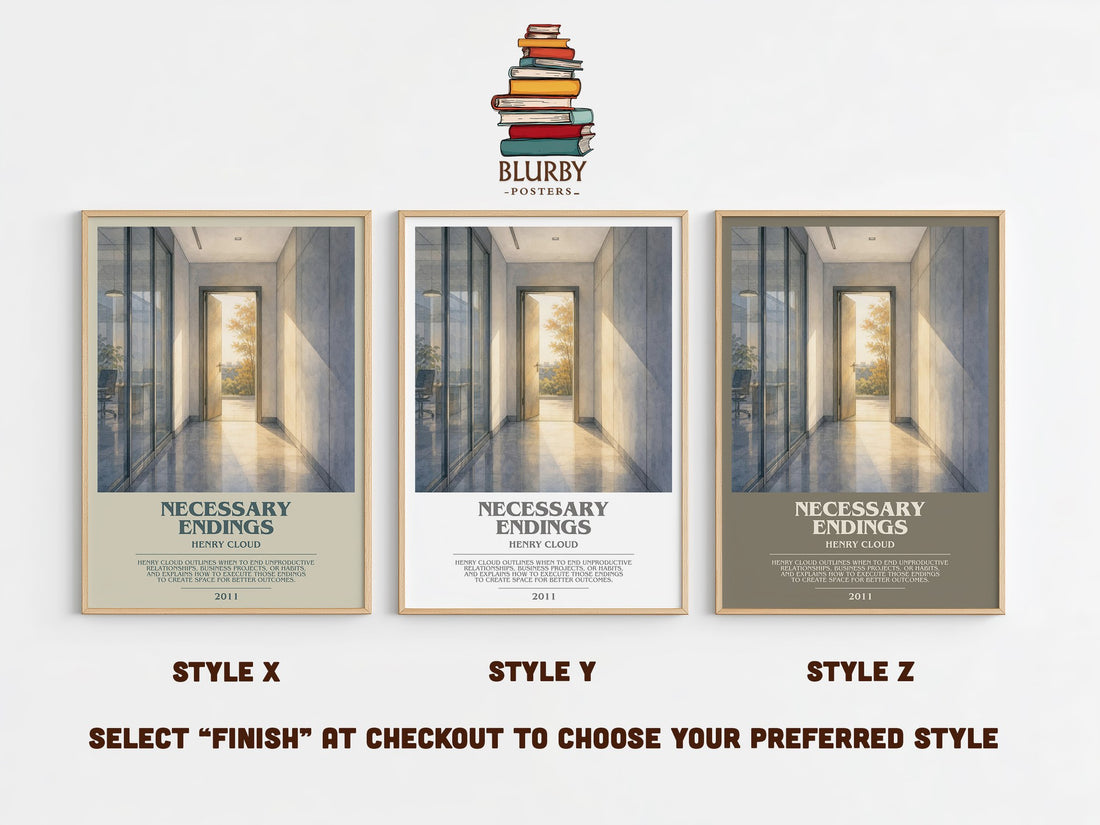 Necessary Endings bookish print in frame leaning in hallway – non fiction wall art (mockup)