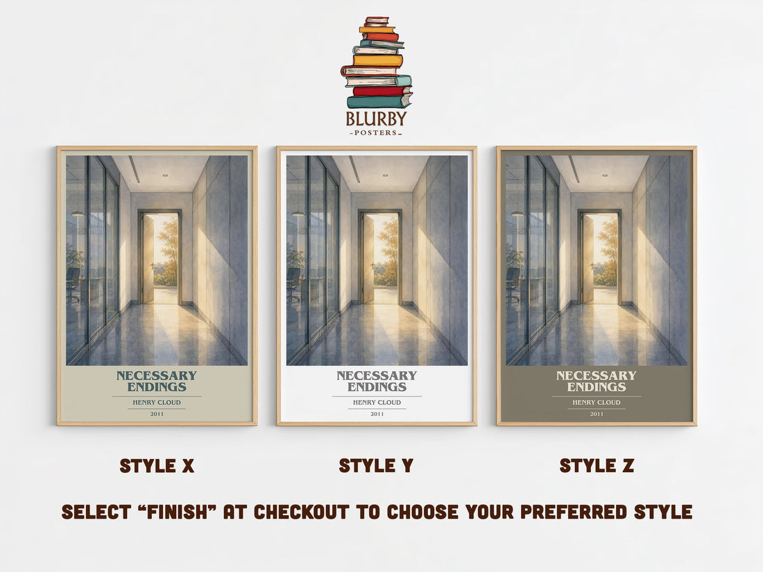 Necessary Endings book cover print in frame leaning in hallway – non fiction wall art (mockup)