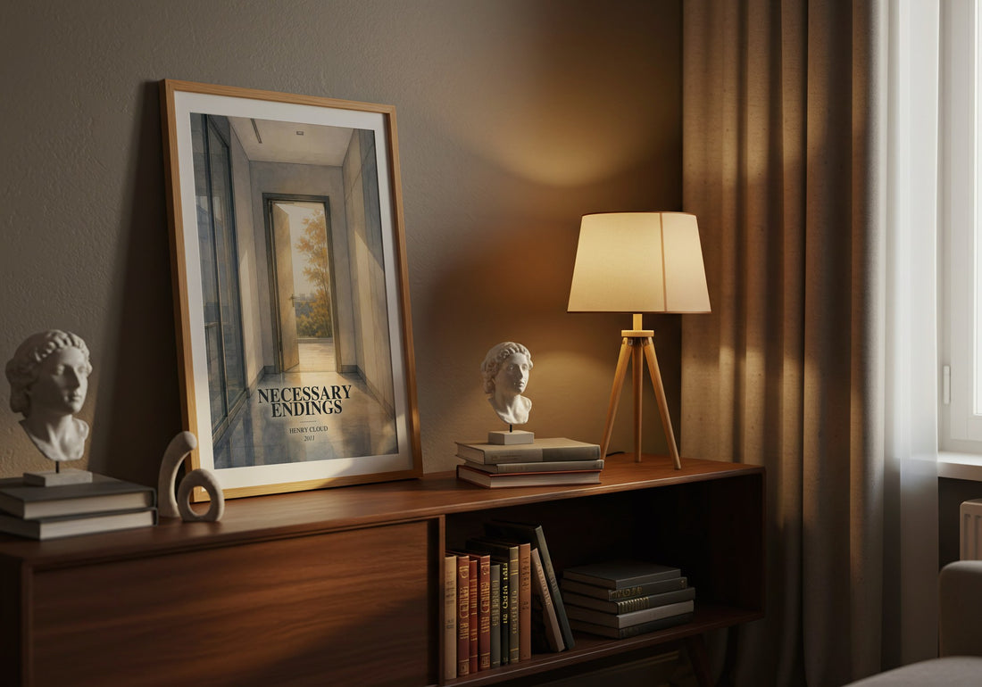 Necessary Endings watercolour print on bookshelf – Henry Cloud fan gift