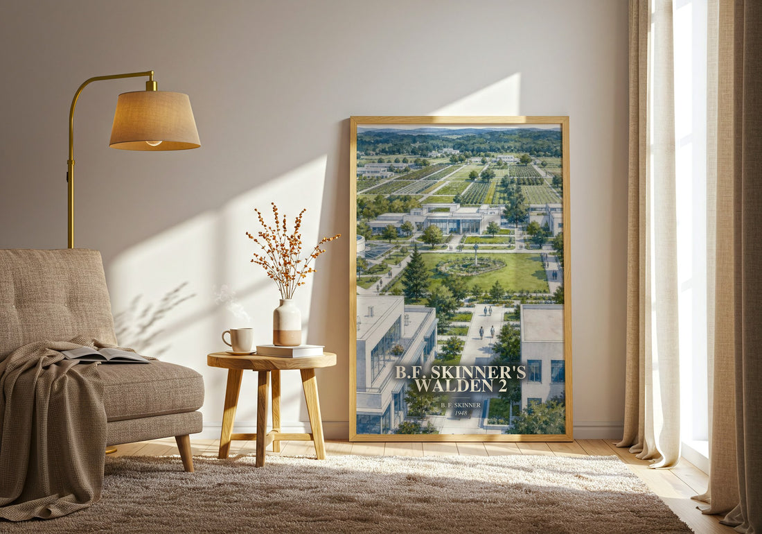 B.F. Skinner's Walden 2 watercolour print in frame leaning in hallway – philosophy wall art
