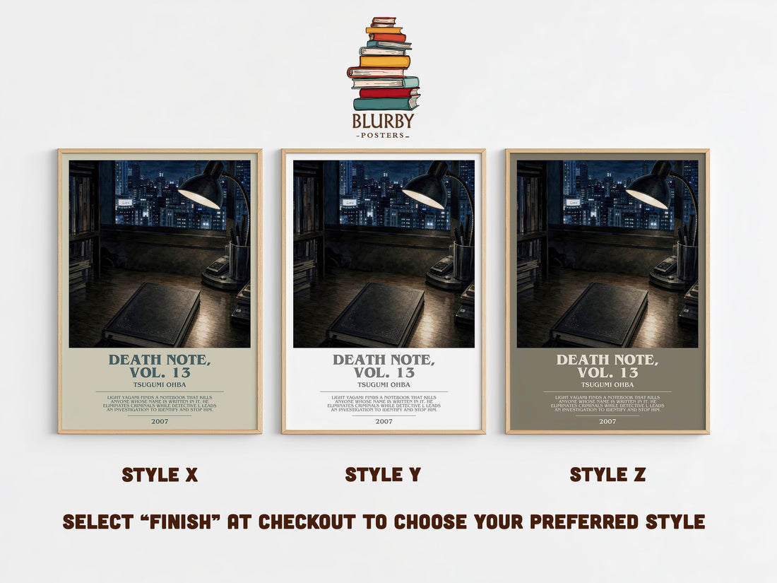 Death Note, Vol. 13 bookish print in frame leaning in hallway – thriller wall art (mockup)