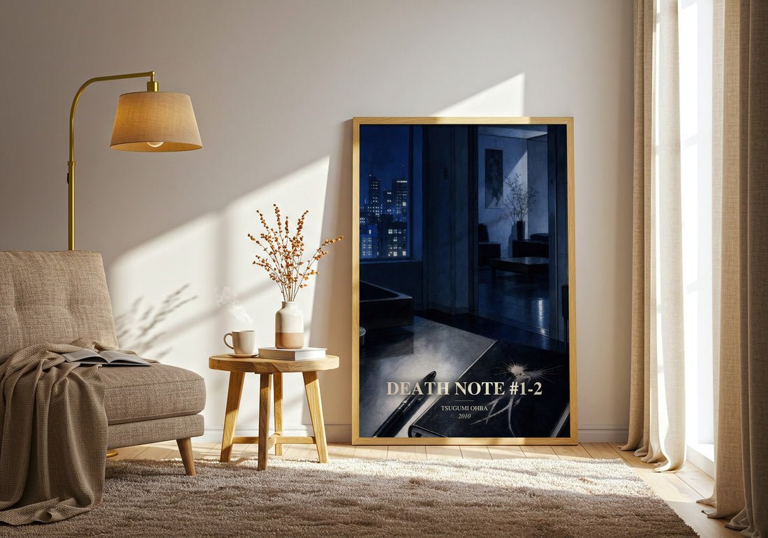 Death Note #1-2 watercolour print in frame leaning in hallway – thriller wall art
