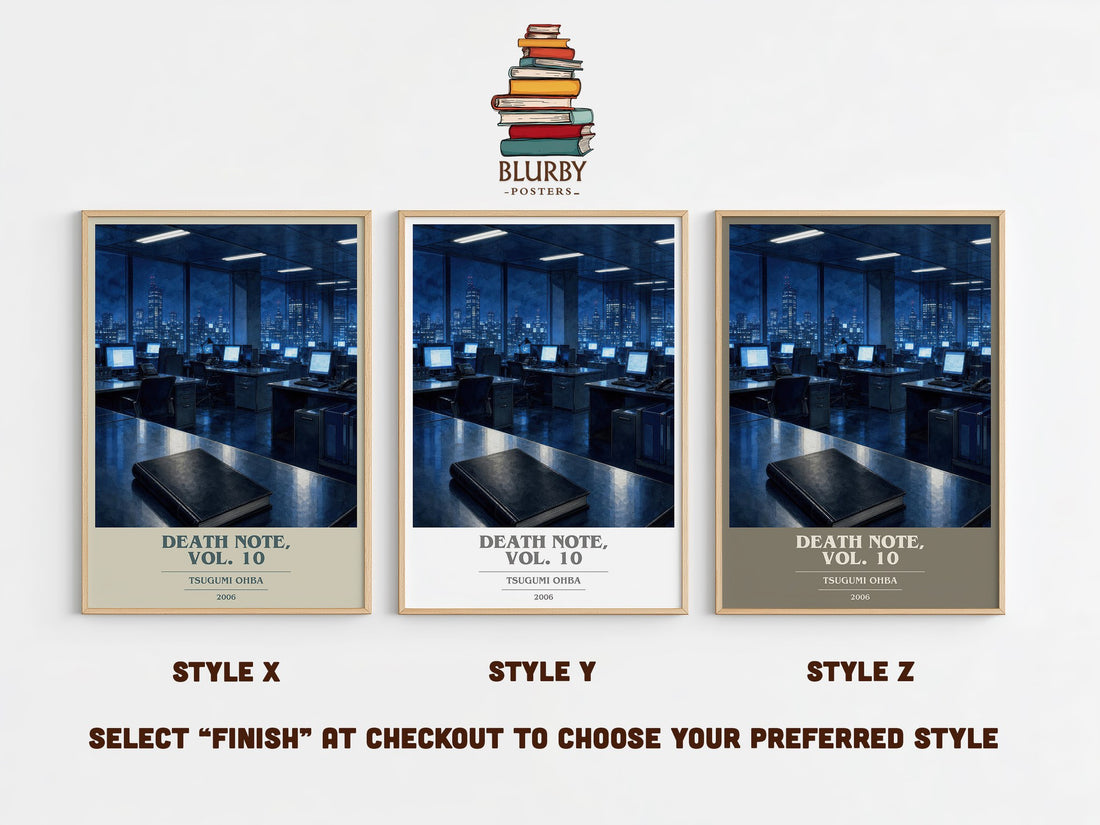 Death Note, Vol. 10 book cover print in frame leaning in hallway – thriller wall art (mockup)