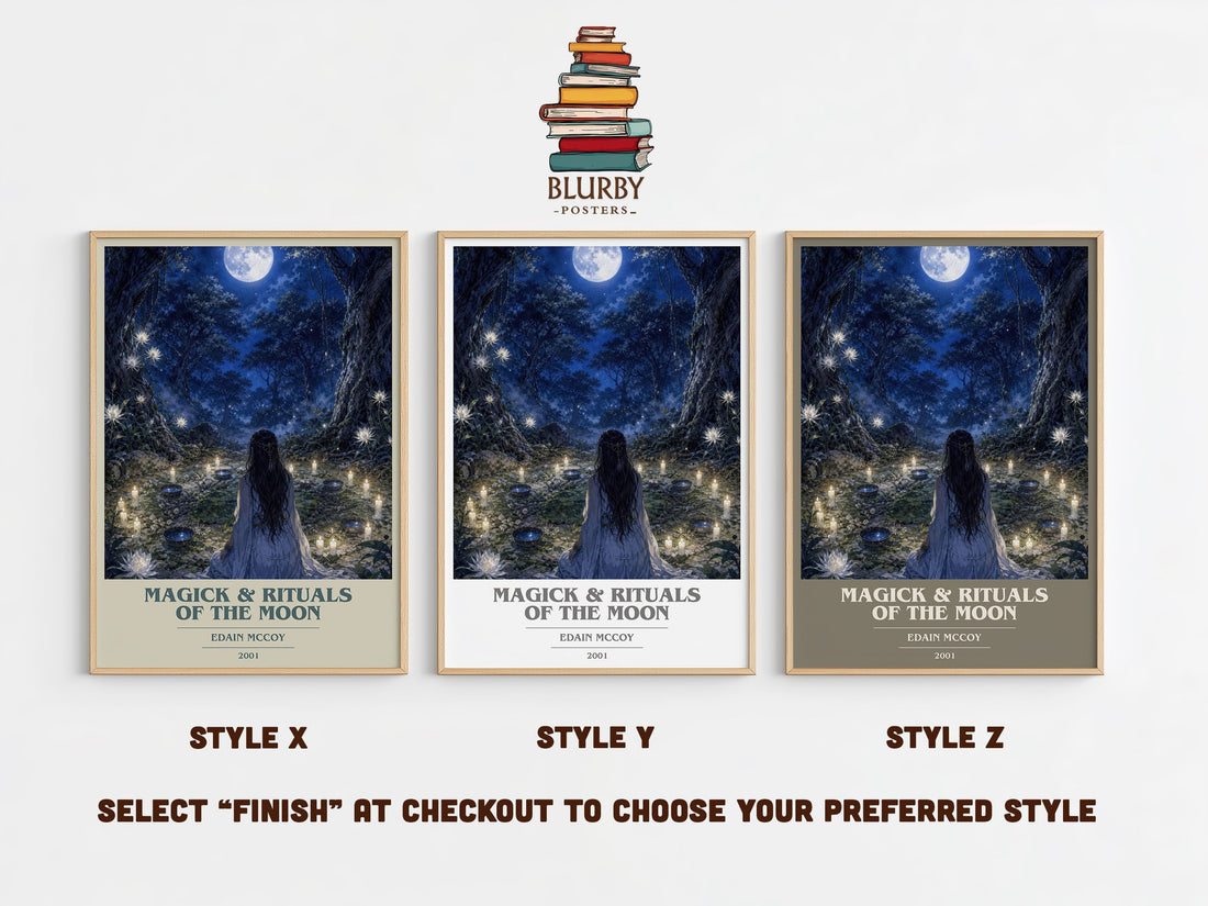 Magick & rituals of the moon book cover print in frame leaning in hallway – non fiction wall art (mockup)