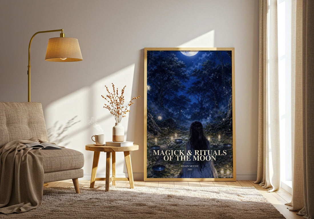 Magick & rituals of the moon watercolour print in frame leaning in hallway – non fiction wall art