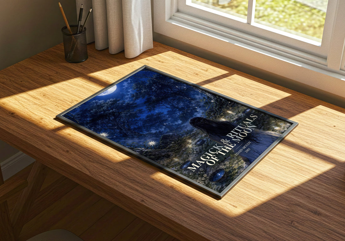 Magick & rituals of the moon watercolour book poster framed on wall – non fiction wall art