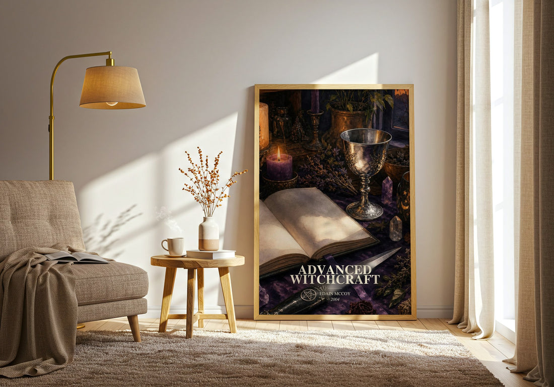 Advanced Witchcraft watercolour print in frame leaning in hallway – non fiction wall art