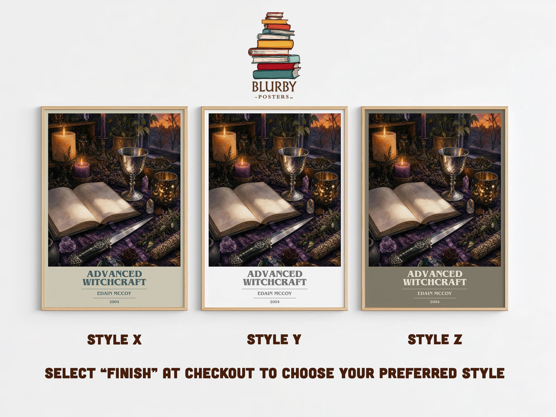 Advanced Witchcraft book cover print in frame leaning in hallway – non fiction wall art (mockup)