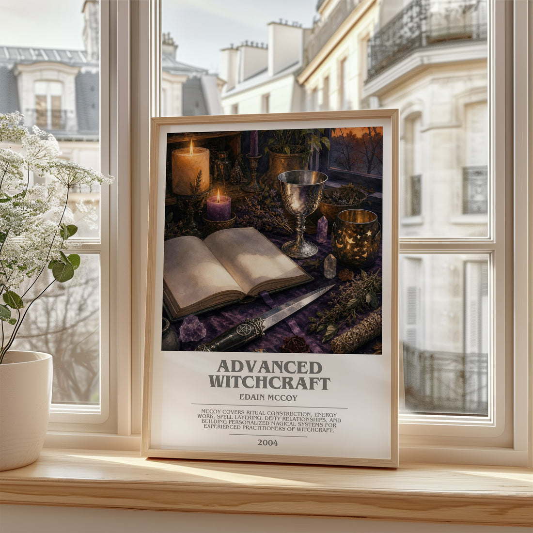 Advanced Witchcraft Bookish Wall Art by Edain McCoy – framed print by a bright window