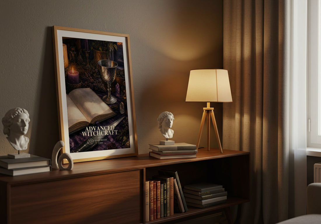 Advanced Witchcraft watercolour print on bookshelf – Edain McCoy fan gift