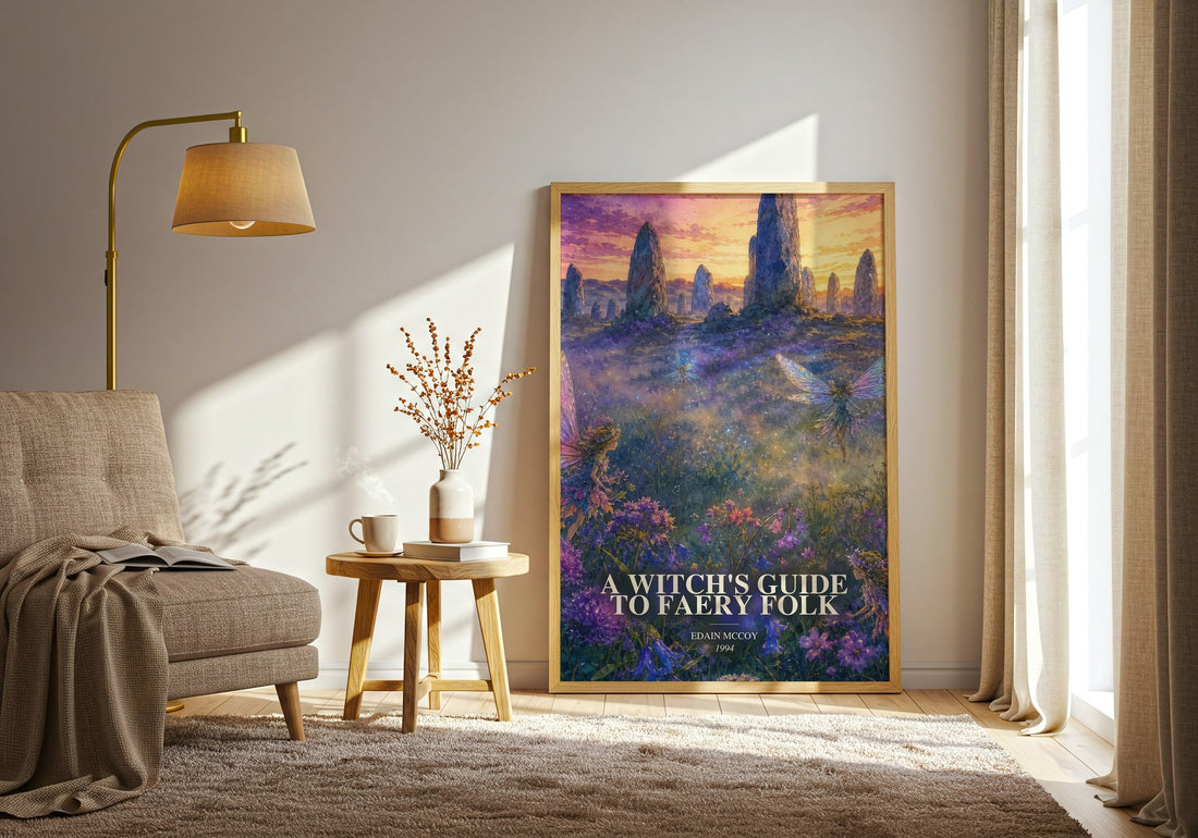 A witch's guide to faery folk watercolour print in frame leaning in hallway – non fiction wall art