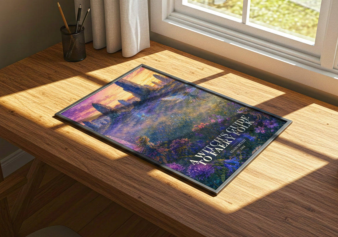 A witch's guide to faery folk watercolour book poster framed on wall – non fiction wall art