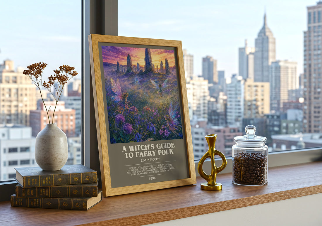 A witch's guide to faery folk bookish print framed by window – literary home decor