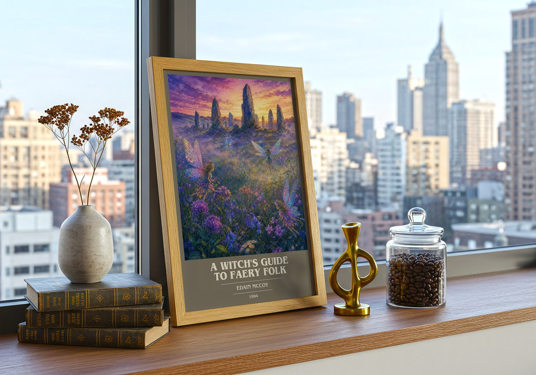 A witch's guide to faery folk book cover print framed by window – literary home decor