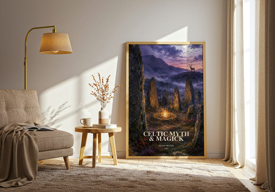 Celtic Myth & Magick watercolour print in frame leaning in hallway – non fiction wall art