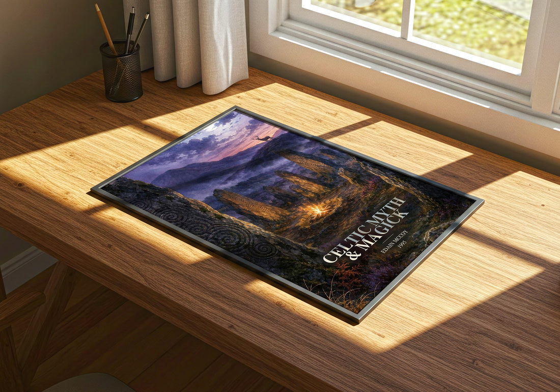 Celtic Myth & Magick watercolour book poster framed on wall – non fiction wall art