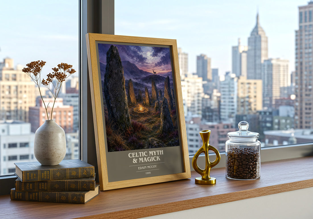 Celtic Myth & Magick book cover print framed by window – literary home decor