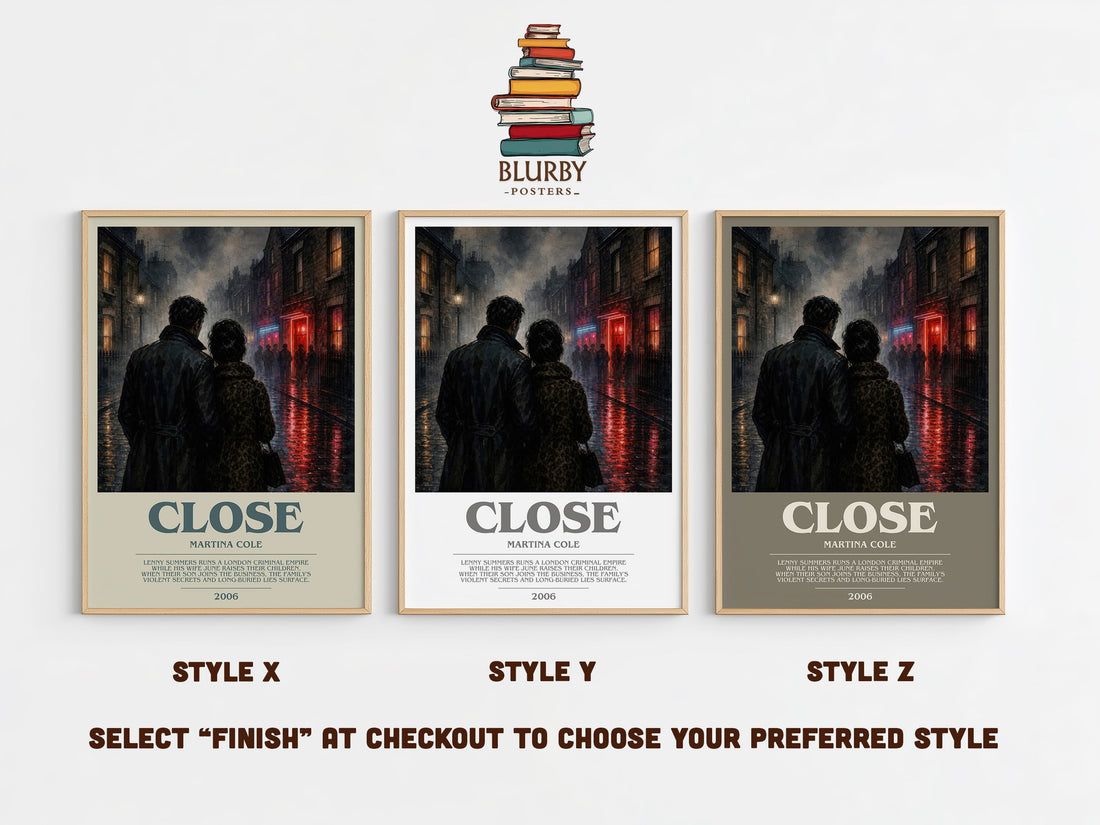 Close bookish print in frame leaning in hallway – crime wall art (mockup)