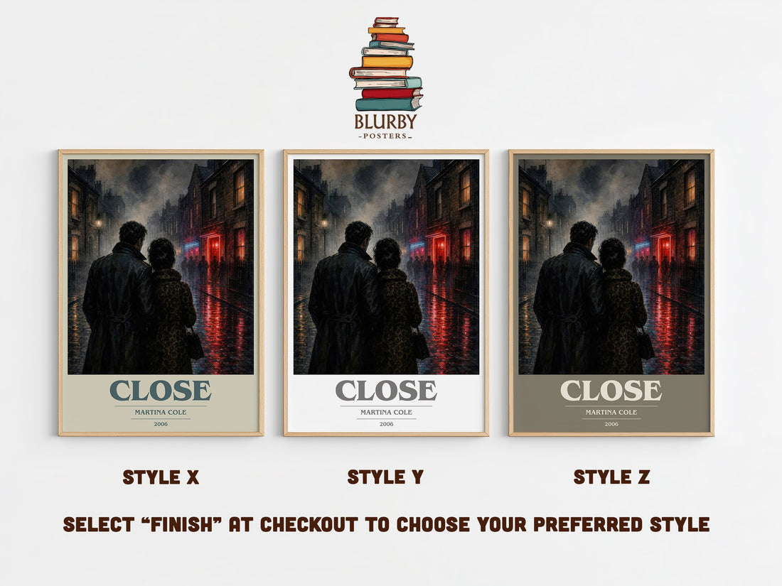 Close book cover print in frame leaning in hallway – crime wall art (mockup)