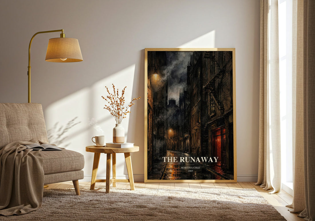The runaway watercolour print in frame leaning in hallway – crime wall art