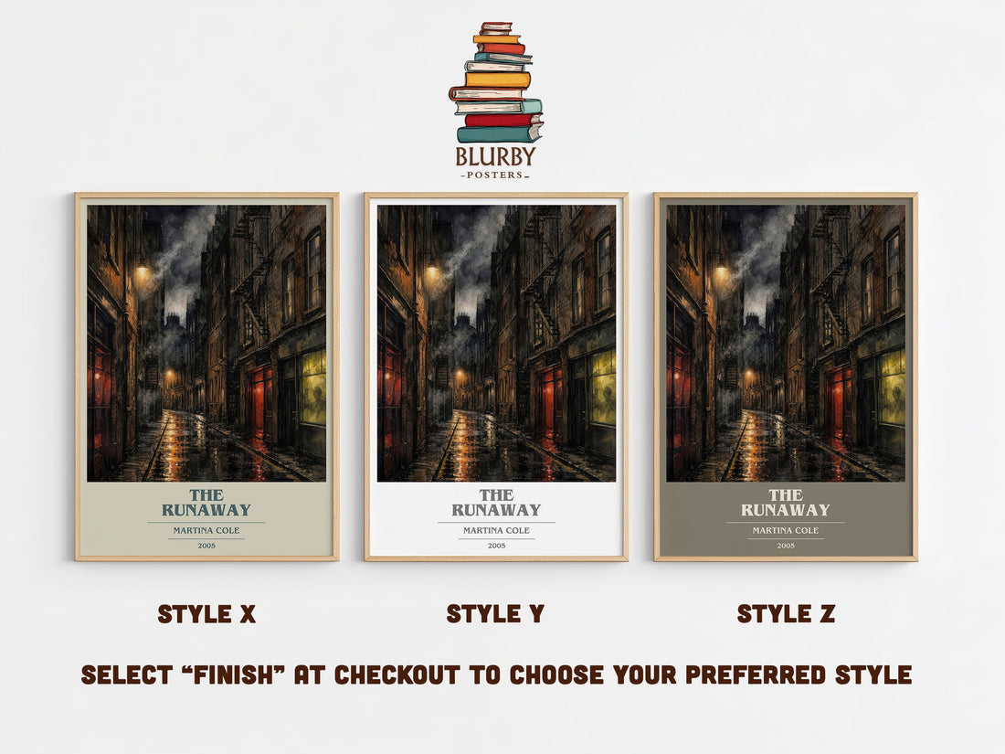 The runaway book cover print in frame leaning in hallway – crime wall art (mockup)