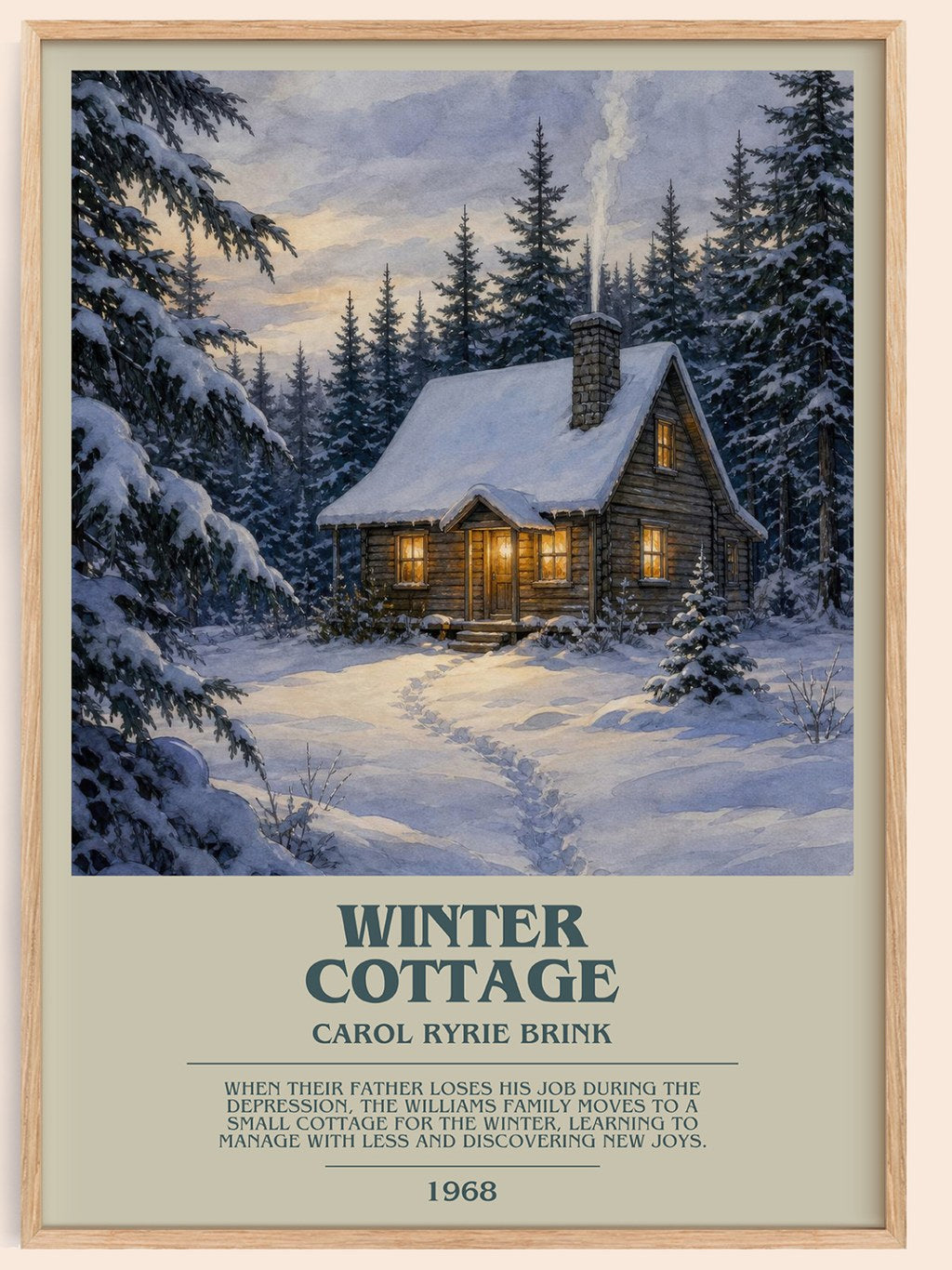 Winter Cottage bookish book poster by Carol Ryrie Brink – framed literary art print