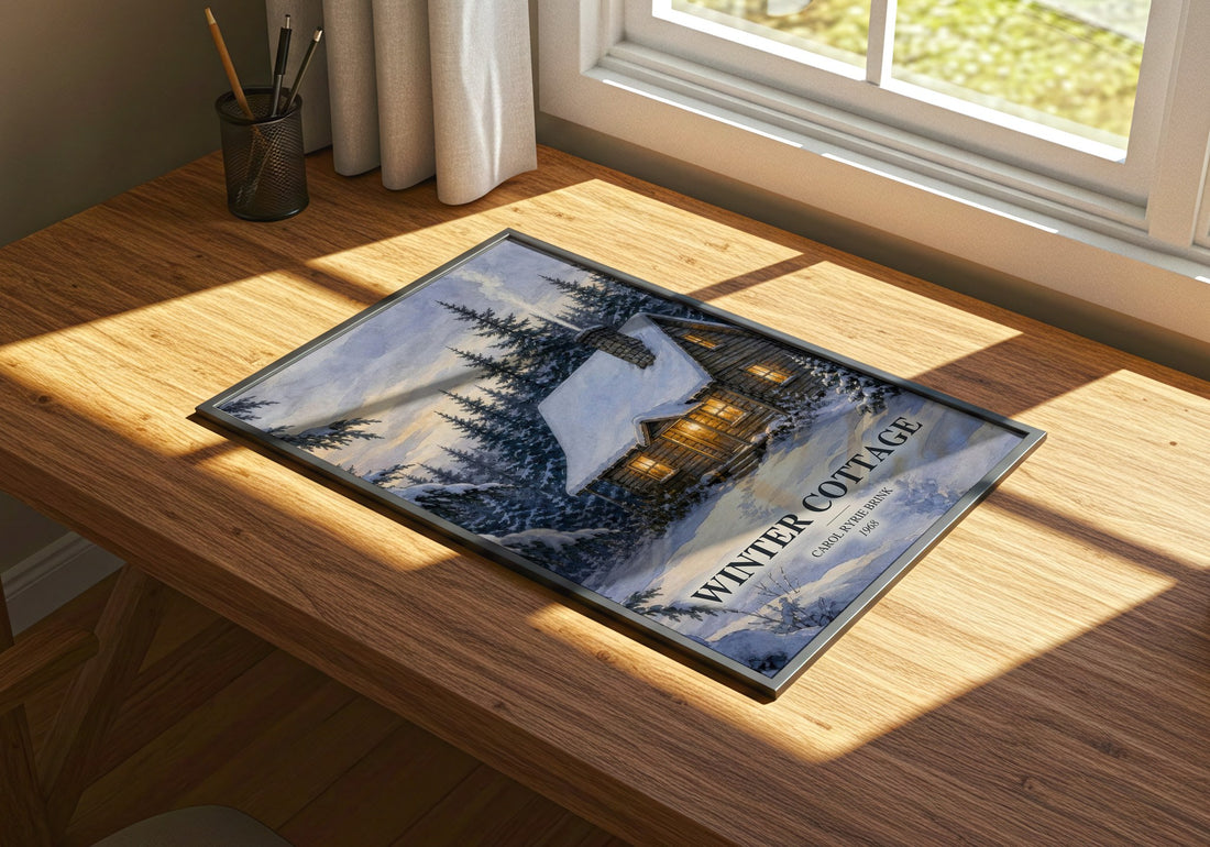 Winter Cottage watercolour book poster framed on wall – childrens wall art