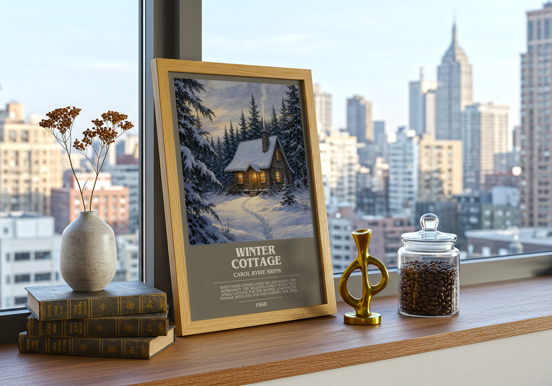 Winter Cottage bookish print framed by window – literary home decor