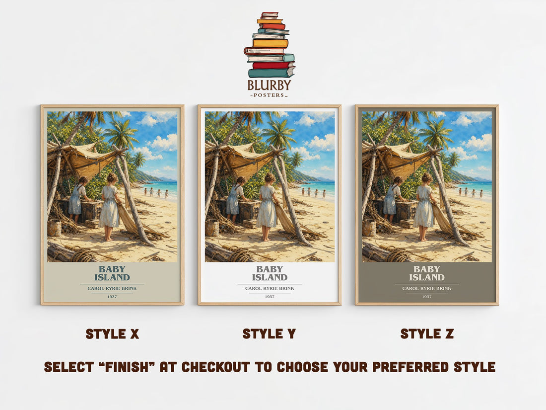 Baby Island book cover print in frame leaning in hallway – childrens wall art (mockup)
