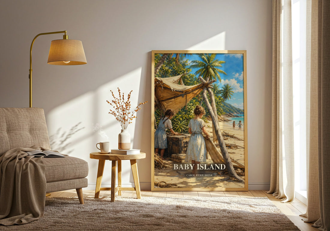 Baby Island watercolour print in frame leaning in hallway – childrens wall art