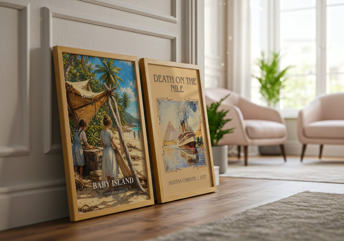 Baby Island watercolour print framed by window – literary home decor