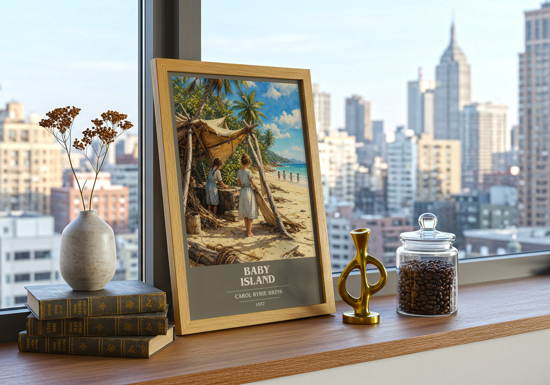 Baby Island book cover print framed by window – literary home decor